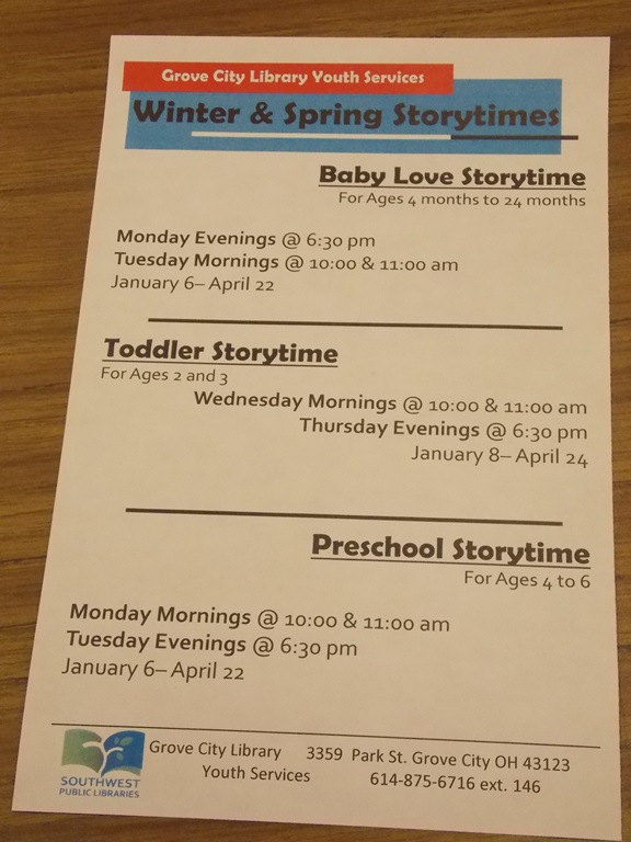 Our main source of advertising is program flyers. Short and sweet letting everyone know all the dates and times for all our storytime sessions. I also have pictures of our storytime bulletin boards at my blog http://fromtheliberryof.blogspot.com.